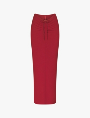 Skims Womens Brick Soft Long Ruched-front Stretch-jersey Maxi Skirt In Red