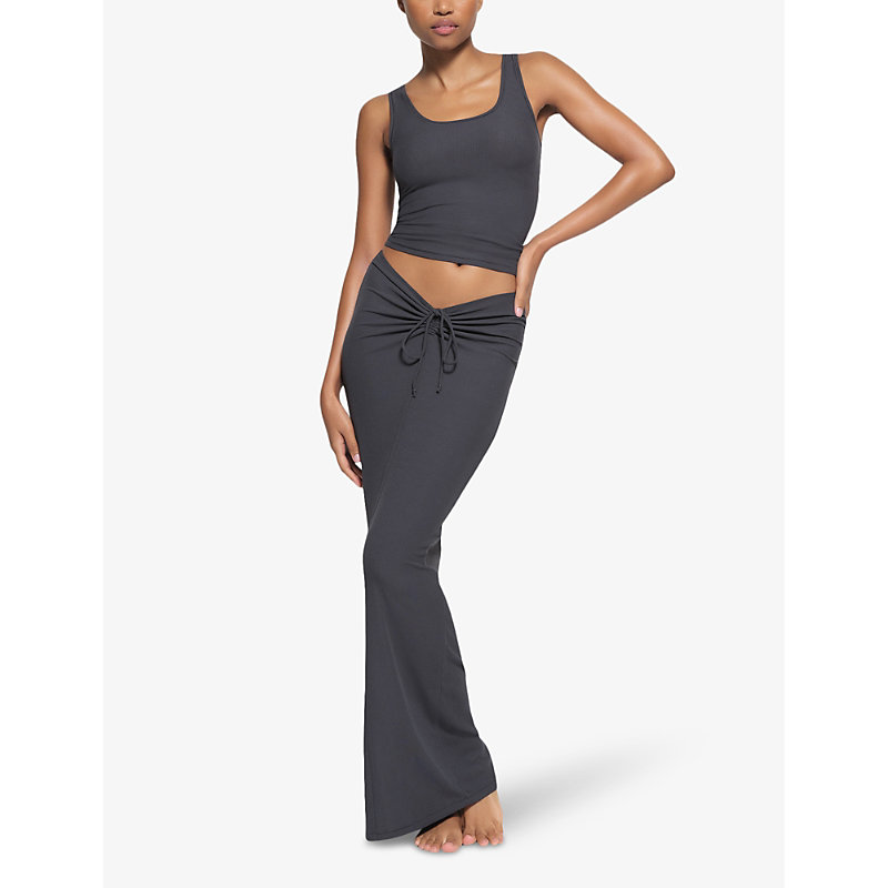 Shop Skims Women's Graphite Soft Lounge Ruched-front Stretch-jersey Maxi Skirt