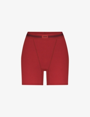 Skims Womens Brick Contrast-stripe Logo-jacquard Stretch-cotton Boxers In Red
