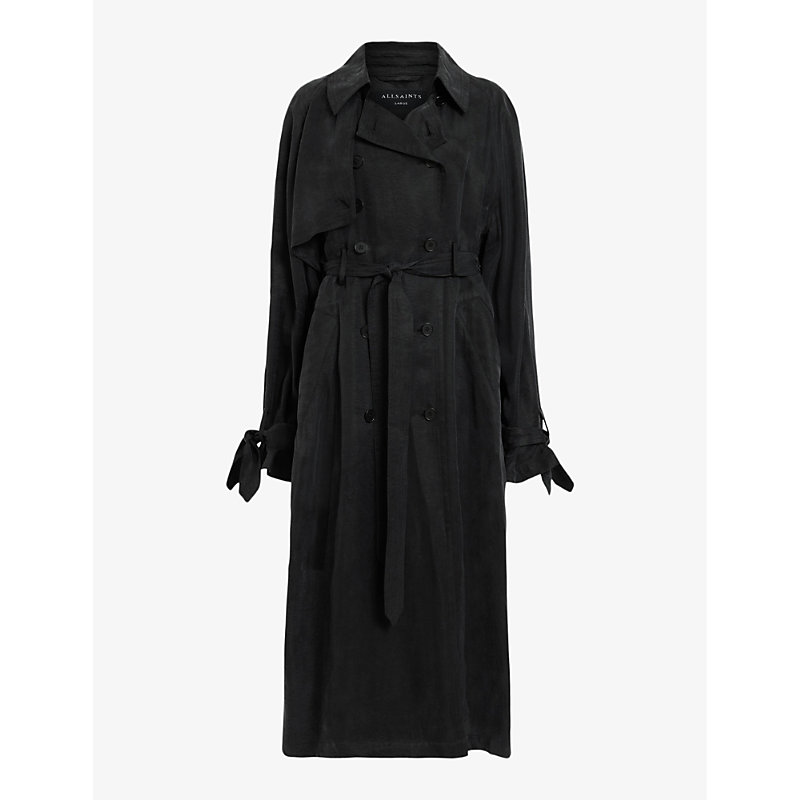 Shop Allsaints Womens Black Kikki Oversized Lyocell Trench Coat