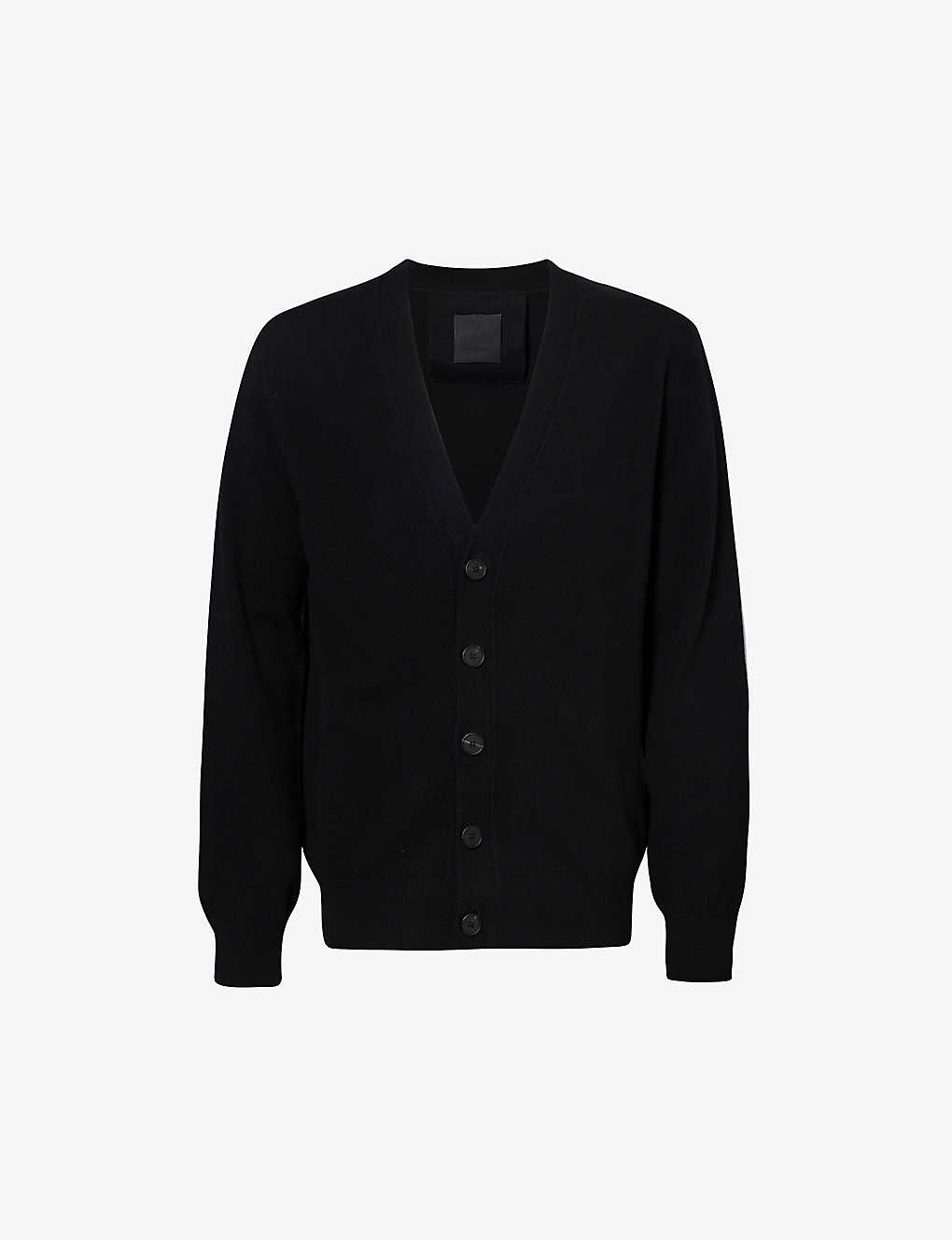 Shop Givenchy Contrast-branded V-neck Wool-knit Cardigan In Black