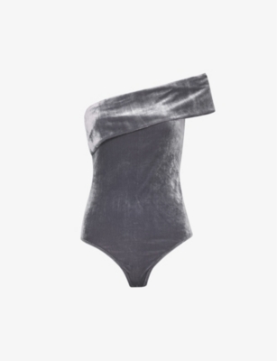 Shop Agolde Women's Shark (gunmetal) Bree Asymmetric-neckline Velvet Bodysuit