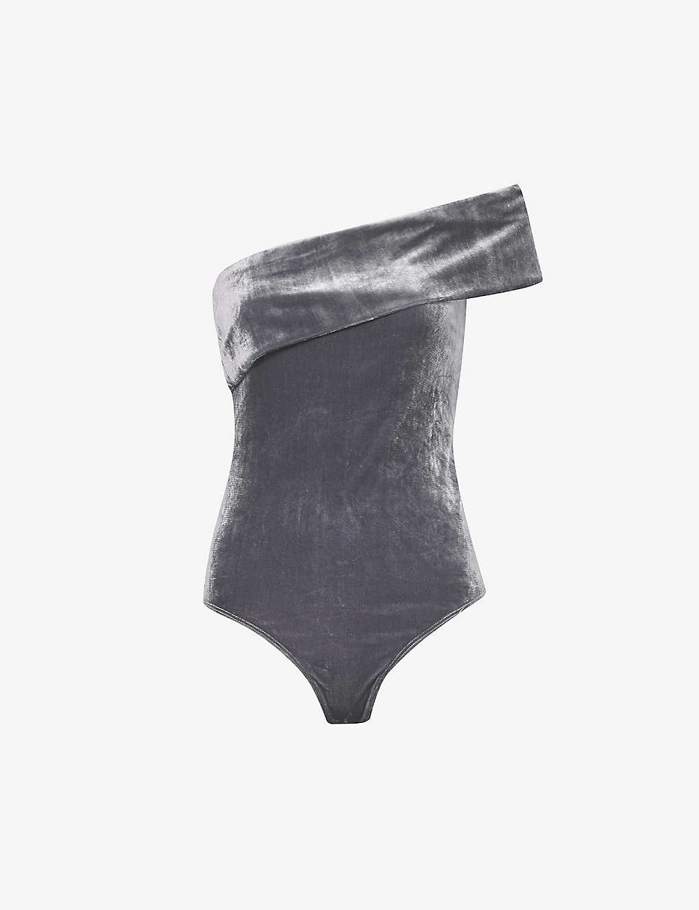 Shop Agolde Bree Asymmetric-neckline Velvet Bodysuit In Shark (gunmetal)