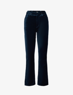 Shop Agolde Stovepipe High-rise Cotton-blend Velvet Trousers In Blizzard (jewel Teal)