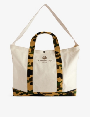 A BATHING APE: Logo-embroidered camo-trim cotton tote bag