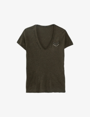 Ikks Womens Brown Bead-embellished Slogan-print Metallic-knit T-shirt
