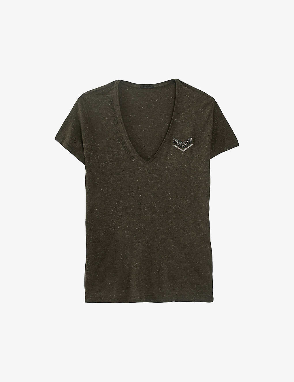 Ikks Womens Brown Bead-embellished Slogan-print Metallic-knit T-shirt