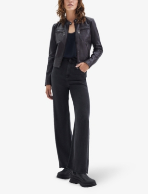 Shop Ikks Women's Charcoal Grey Raw-hem Wide-leg High-rise Woven Trousers