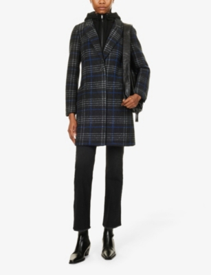 Shop Ikks Women's Charcoal Grey Checked Funnel-neck Cotton-blend Coat