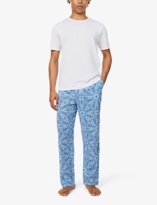 Shop Derek Rose Men's Blue Ledbury Patterned Cotton-poplin Pyjama Bottoms