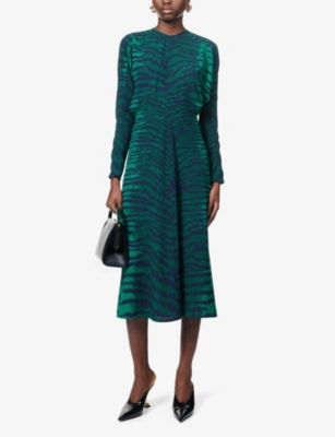 Shop Victoria Beckham Women's Green Navy Dolman Round-neck Slim-fit Woven Midi Dress