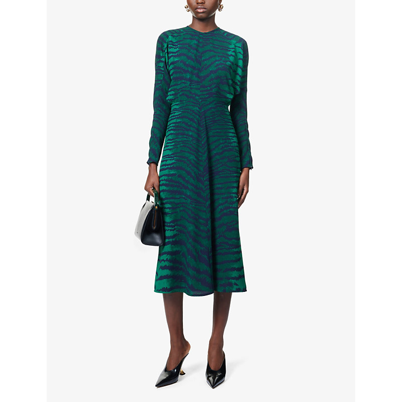 Shop Victoria Beckham Womens Green Navy Dolman Round-neck Slim-fit Woven Midi Dress