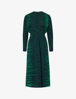 Shop Victoria Beckham Women's Green Navy Dolman Round-neck Slim-fit Woven Midi Dress