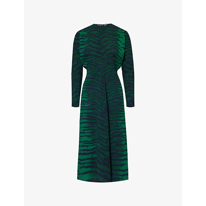 Shop Victoria Beckham Womens Green Navy Dolman Round-neck Slim-fit Woven Midi Dress