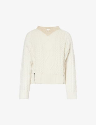 Victoria Beckham Womens Natural V-neck Cable-knitted Wool Jumper In Cream