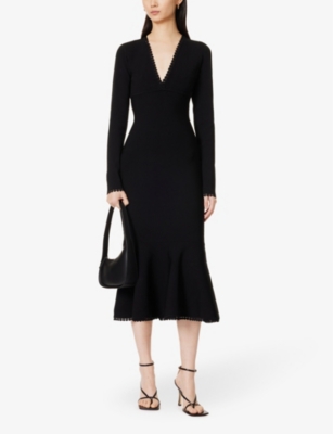 Shop Victoria Beckham Women's Black V-neck Flared-hem Stretch-woven Midi Dress