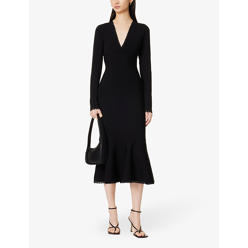 Shop Victoria Beckham Womens Black V-neck Flared-hem Stretch-woven Midi Dress