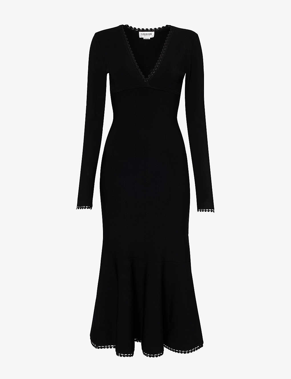 Shop Victoria Beckham Womens Black V-neck Flared-hem Stretch-woven Midi Dress