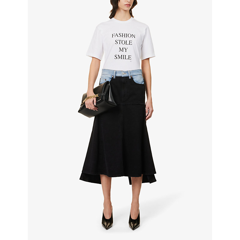 Shop Victoria Beckham Womens Contrast Wash Contrast-panel Asymmetric-hem Denim Midi Skirt