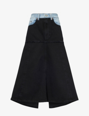 Shop Victoria Beckham Women's Contrast Wash Contrast-panel Asymmetric-hem Denim Midi Skirt