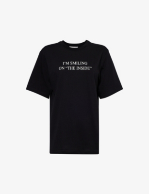 Shop Victoria Beckham Women's Black Text-print Organic-cotton T-shirt