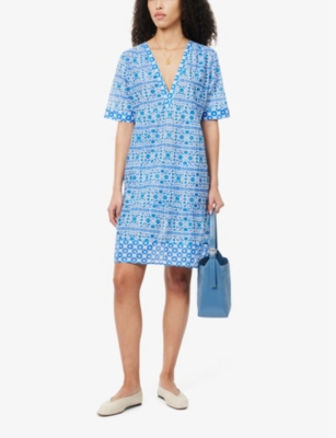 Shop Aspiga Women's White/blue Santorini Graphic-print Organic-cotton Midi Dress