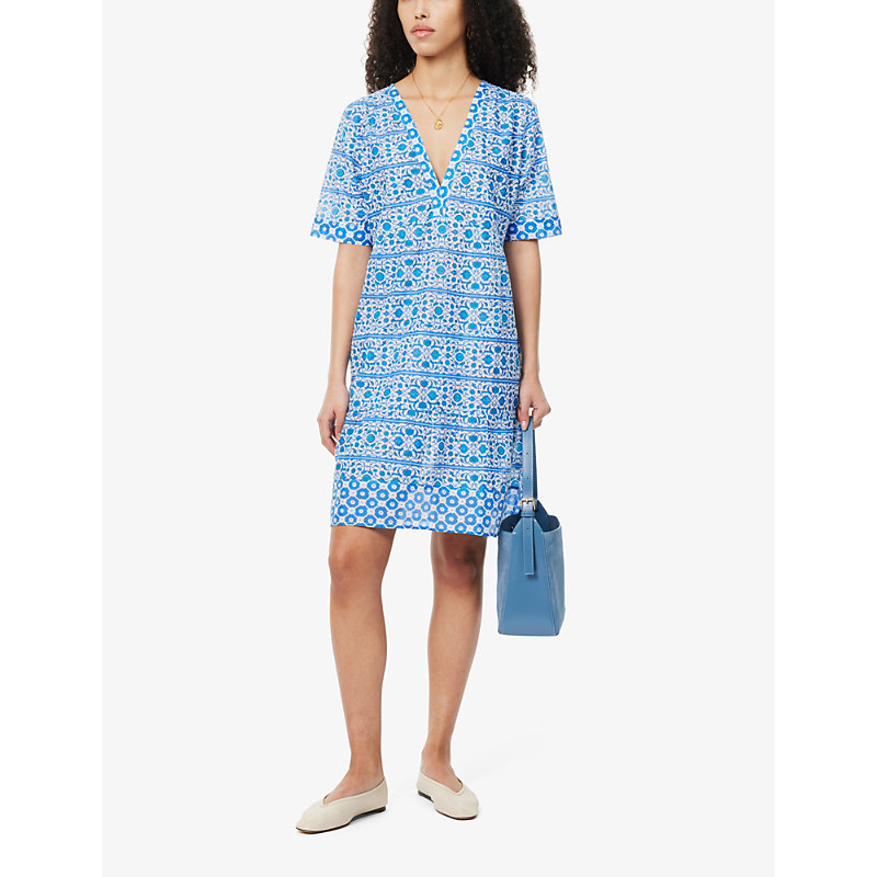 Shop Aspiga Womens White/blue Santorini Graphic-print Organic-cotton Midi Dress