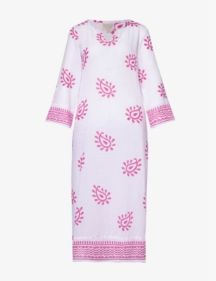 Aspiga Guadeloupe Abstract-pattern Organic-cotton Maxi Dress In White/pink