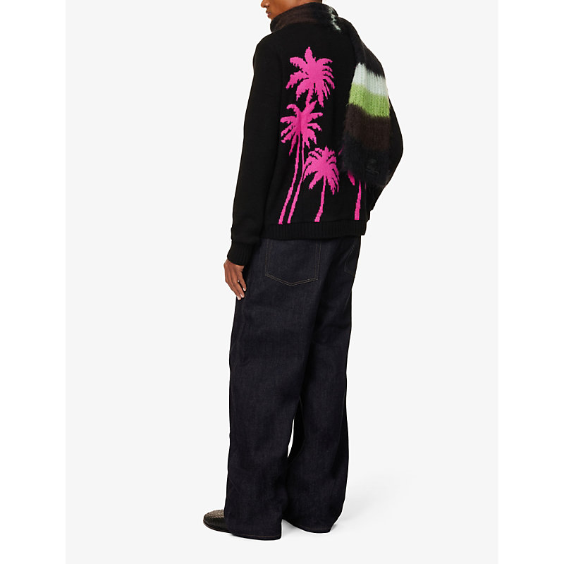 Shop The Elder Statesman Men's Black Electric Pink Palm-embellished Regular-fit Cashmere Jumper
