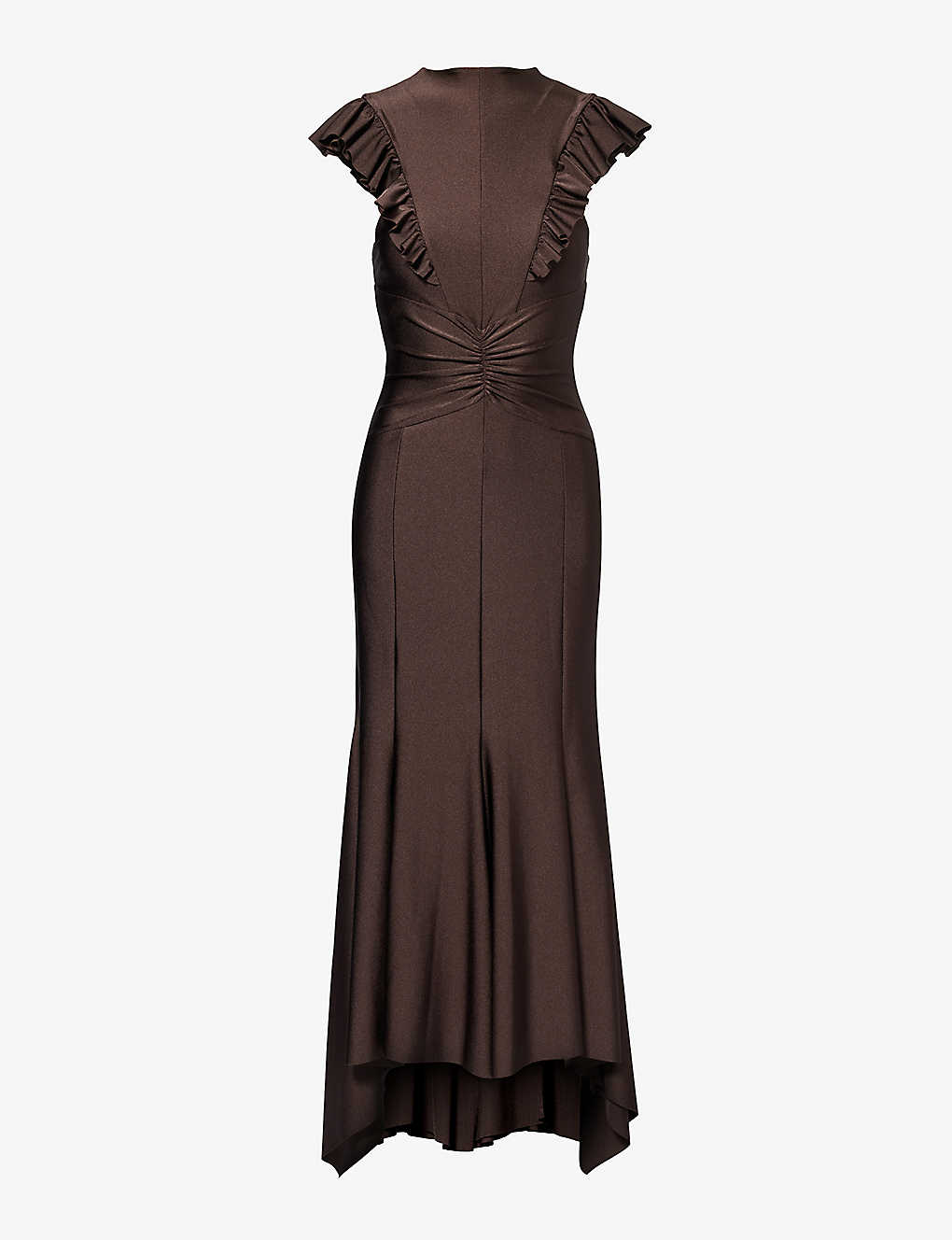 Shop Philosophy Di Lorenzo Serafini Ruffled-trim Asymmetric-hem Stretch-woven Midi Dress In Brown