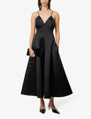 Shop Philosophy Di Lorenzo Serafini Women's Black V-neck Flared-skirt Satin Midi Dress