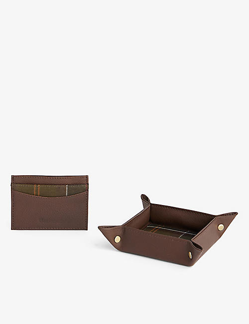BARBOUR: Checked-panel brand-debossed grained-leather card holder and valet tray gift set