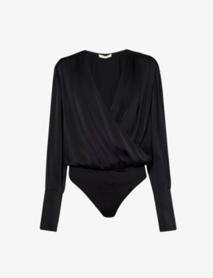 Favorite Daughter Surplice Long Sleeve Satin Bodysuit In Black