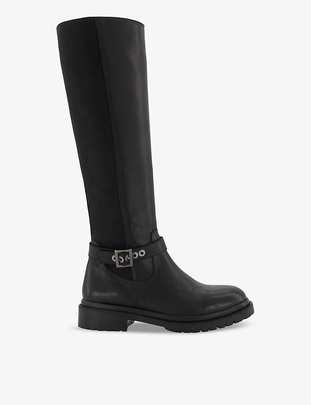 Dune Womens Black-leather Teller Buckle-detail Leather Knee-high Boots