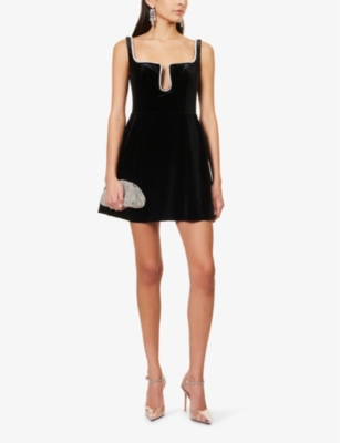 Shop Self-portrait Women's Black Crystal-embellished Fit-and-flare Stretch-velvet Mini Dress
