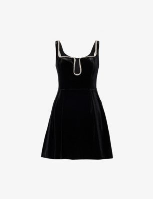 Shop Self-portrait Women's Black Crystal-embellished Fit-and-flare Stretch-velvet Mini Dress