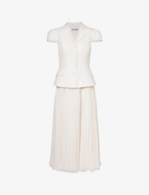 SELF-PORTRAIT: Belted pleated-hem woven midi dress