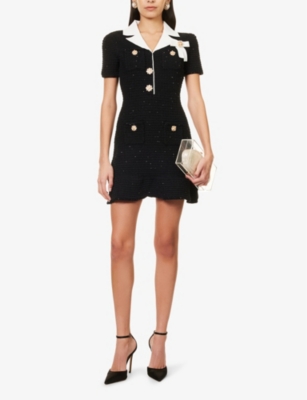 Shop Self-portrait Womens Black Bow-embellished Contrast-trim Woven Mini Dress