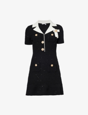 SELF-PORTRAIT: Bow-embellished contrast-trim woven mini dress