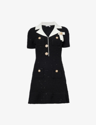 Shop Self-portrait Womens Black Bow-embellished Contrast-trim Woven Mini Dress