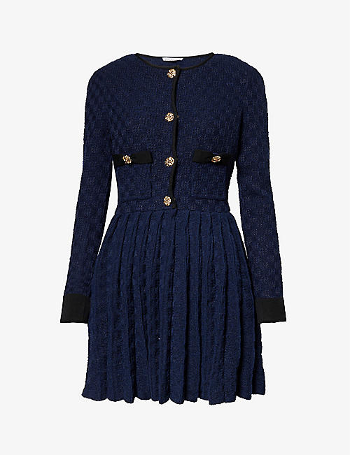 SELF-PORTRAIT: Pleated-skirt padded-shoulder knitted mini dress