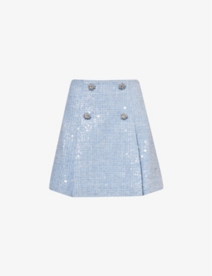 Shop Self-portrait High-rise Sequin-embellished Woven Mini Skirt In Blue