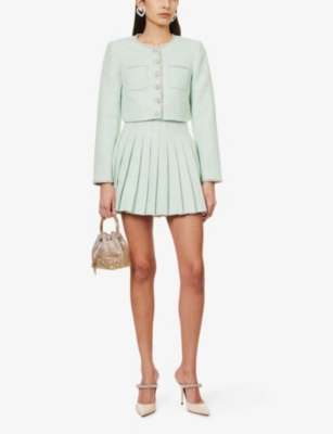 Shop Self-portrait Womens Blue Bouclé-texture Pleated Mid-rise Woven Mini Skirt