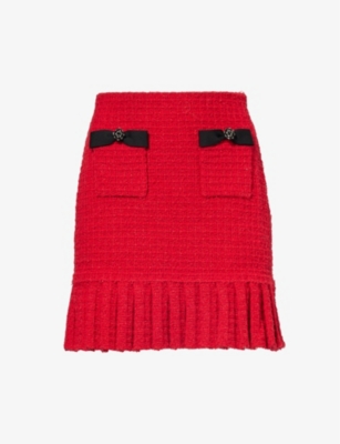 SELF PORTRAIT: Bouclé-texture pleated woven mini skirt