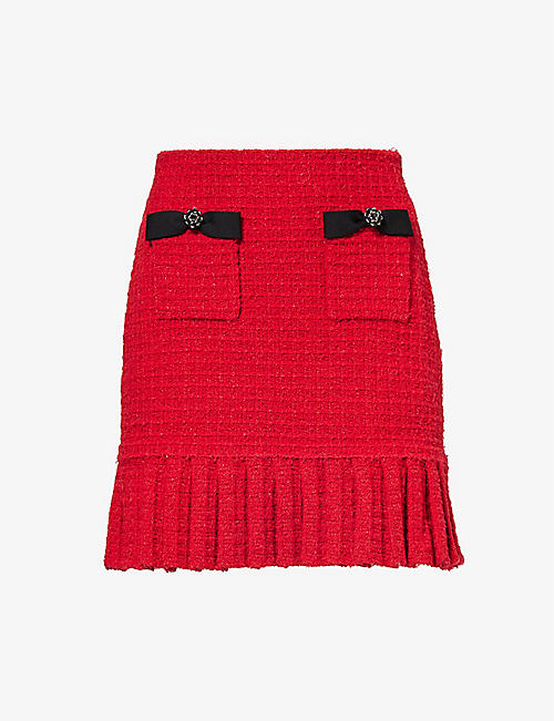 SELF-PORTRAIT: Bouclé-texture pleated woven mini skirt