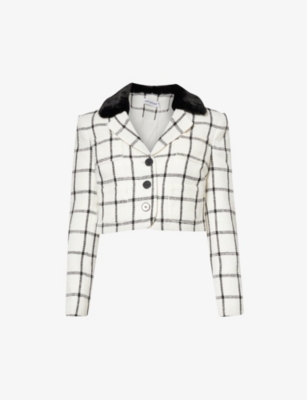 Self-portrait Cropped Faux Fur-trimmed Checked Tweed Jacket In Cream