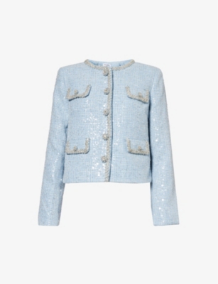 Shop Self-portrait Bouclé Texture Crystal-embellished Woven Jacket In Blue