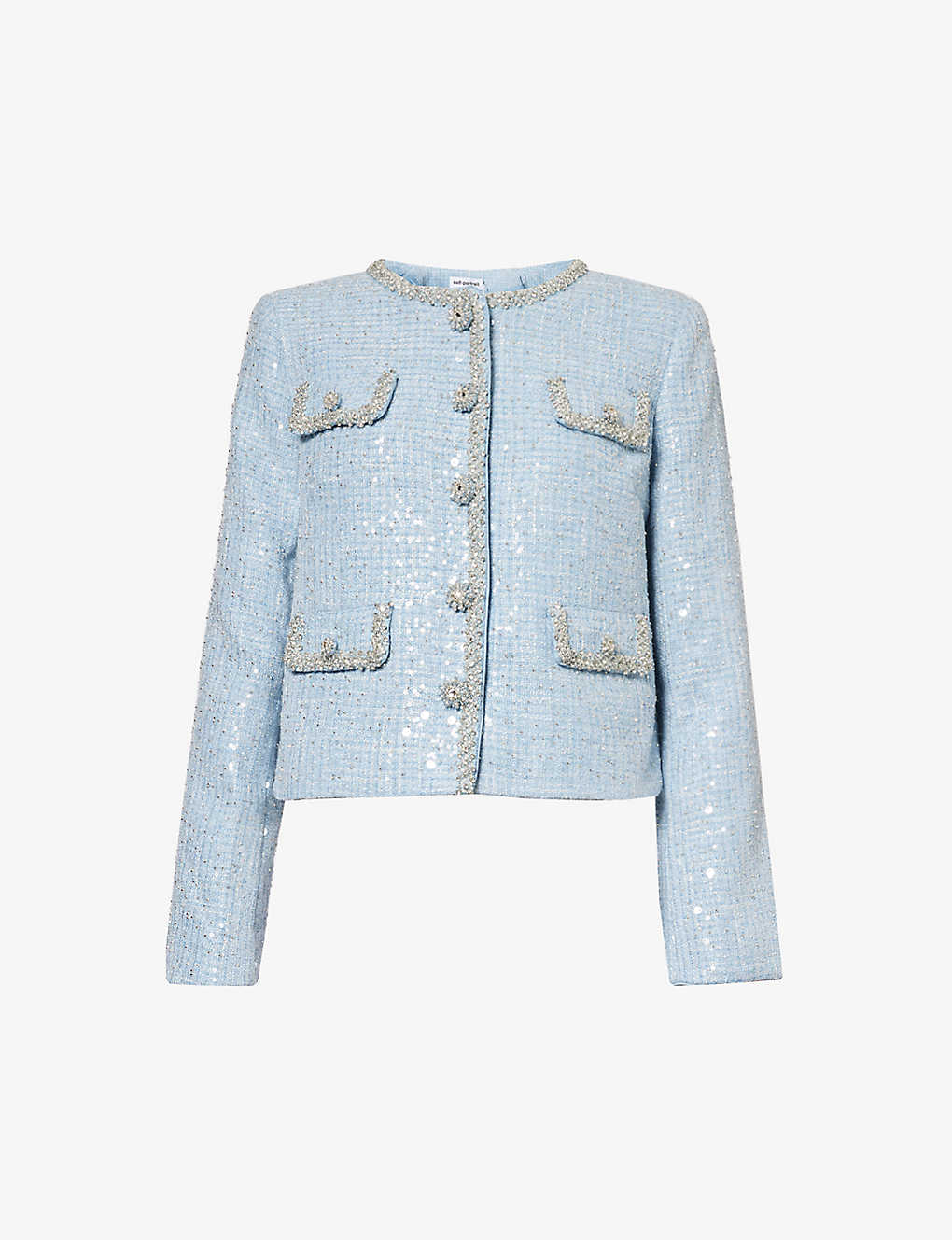 Shop Self-portrait Women's Blue Bouclé Texture Crystal-embellished Woven Jacket