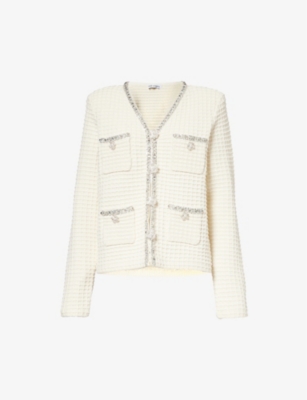 SELF-PORTRAIT: Padded-shoulder V-neck knitted jacket