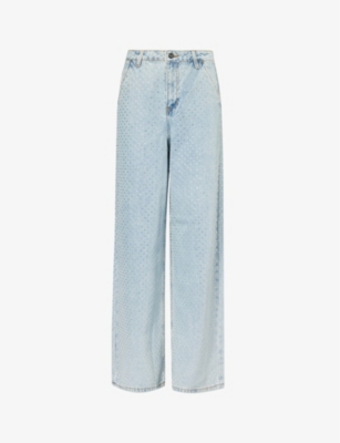 SELF PORTRAIT: Wide-leg mid-rise crystal-embellished jeans
